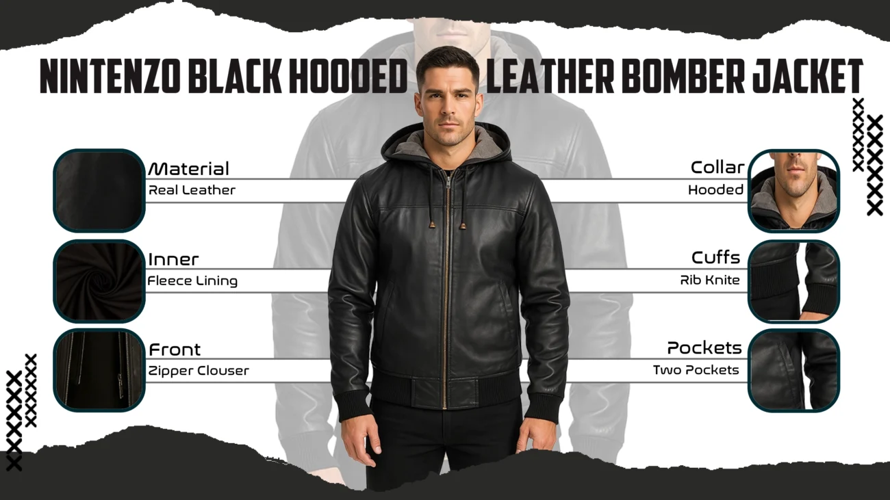 Nintenzo Black Hooded Leather Bomber Jacket