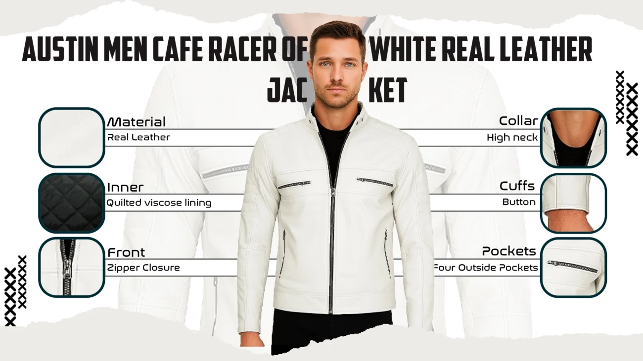 Austin Men Cafe Racer Off White Real Leather Jacket