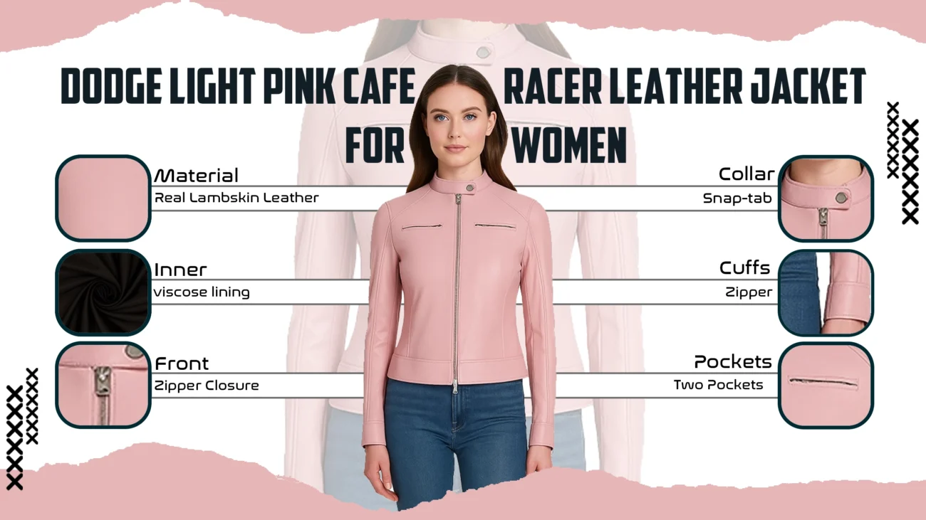 Dodge Light Pink Cafe Racer Leather Jacket for Women