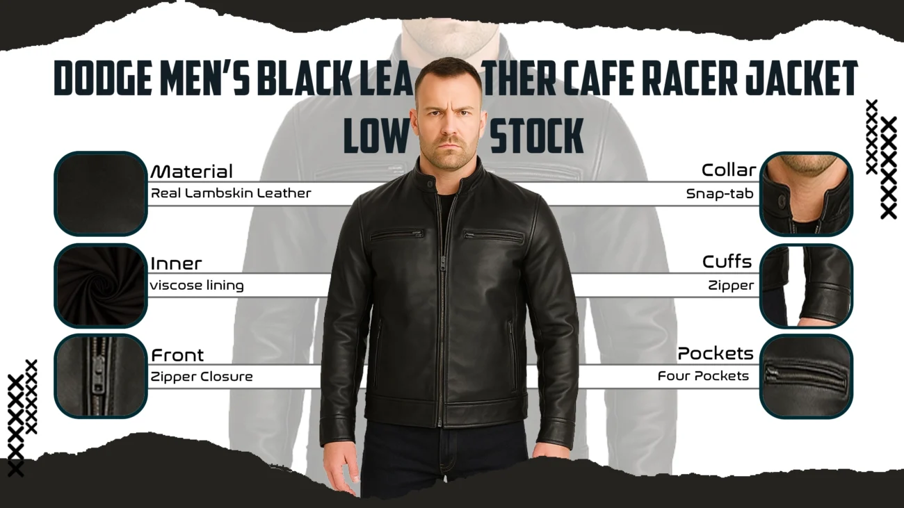 Dodge Men’s Black Leather Cafe Racer Jacket