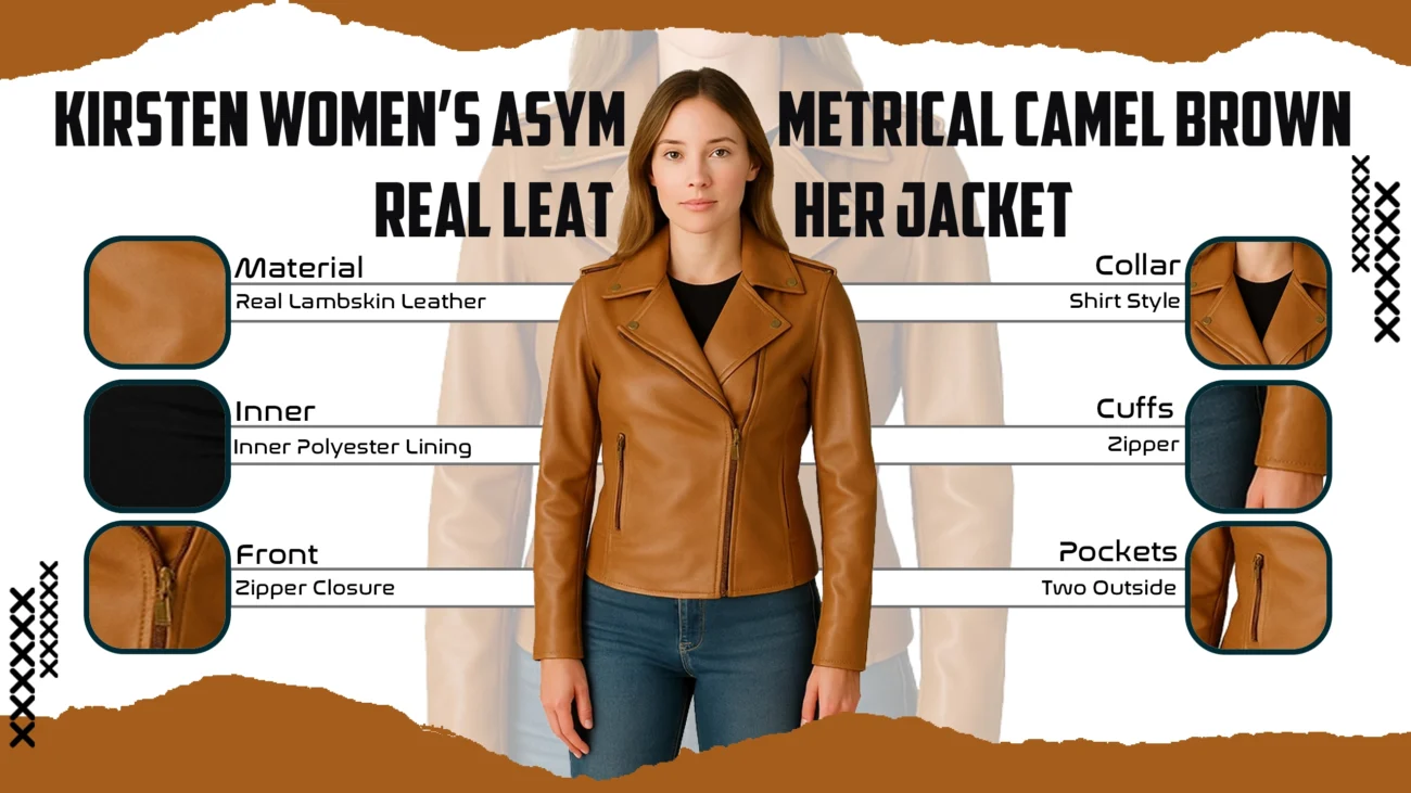 Kirsten Women’s Asymmetrical Camel Brown Real Leather Jacket