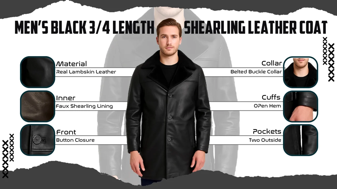 Men's Black 34 Length Shearling Leather Coat