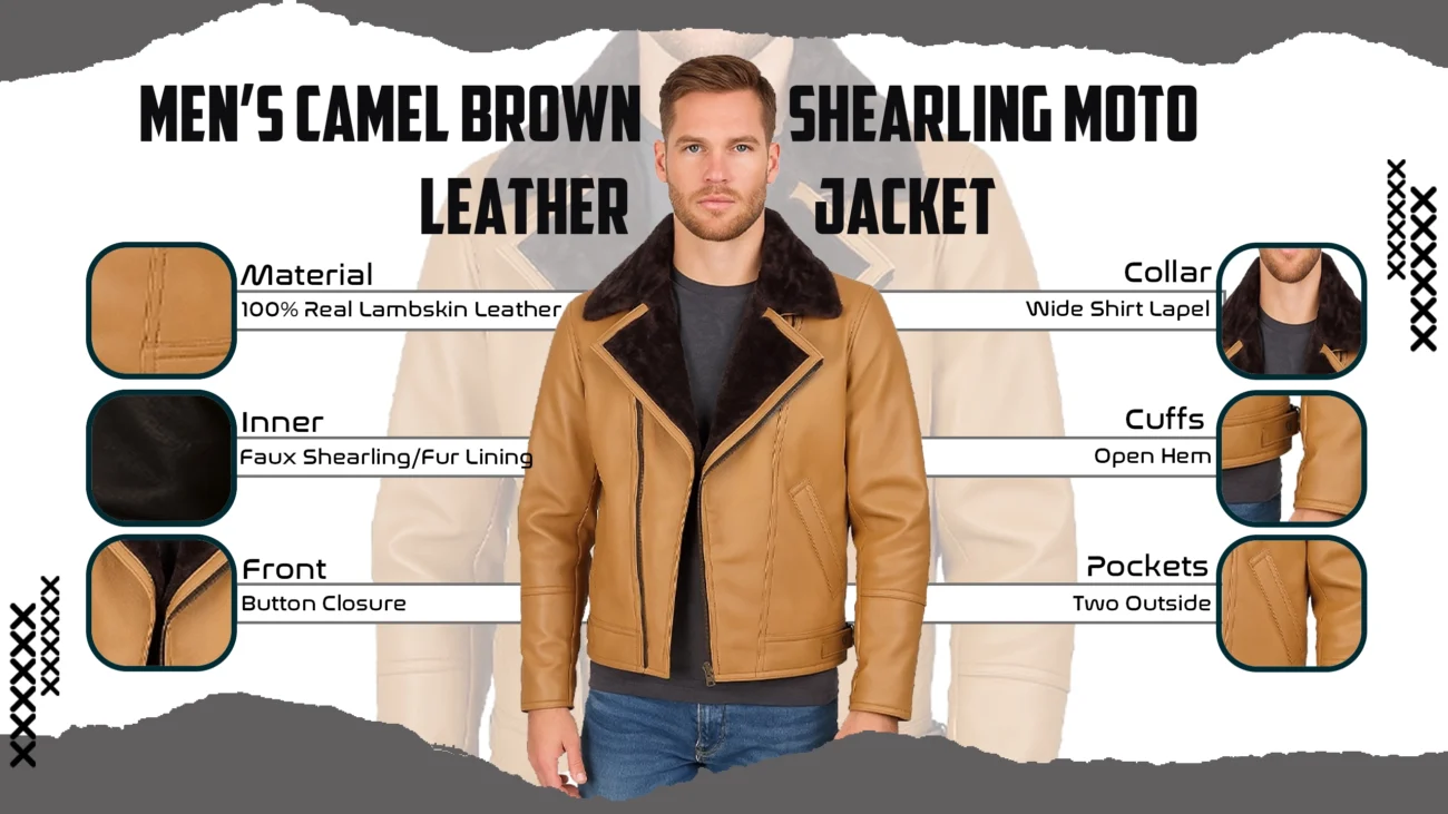 Men’s Camel Brown Shearling Moto Leather Jacket