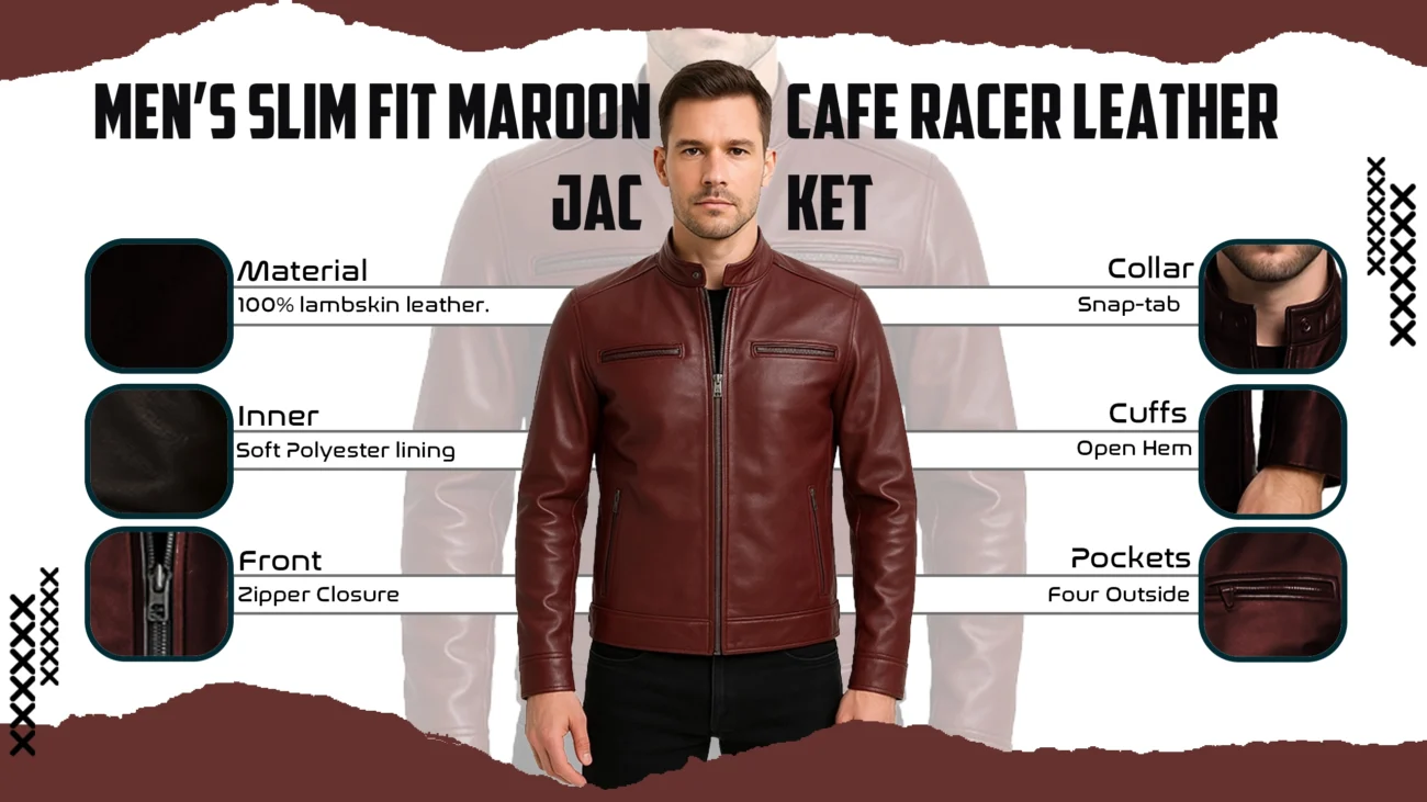 Men's Slim Fit Maroon Cafe Racer Leather Jacket