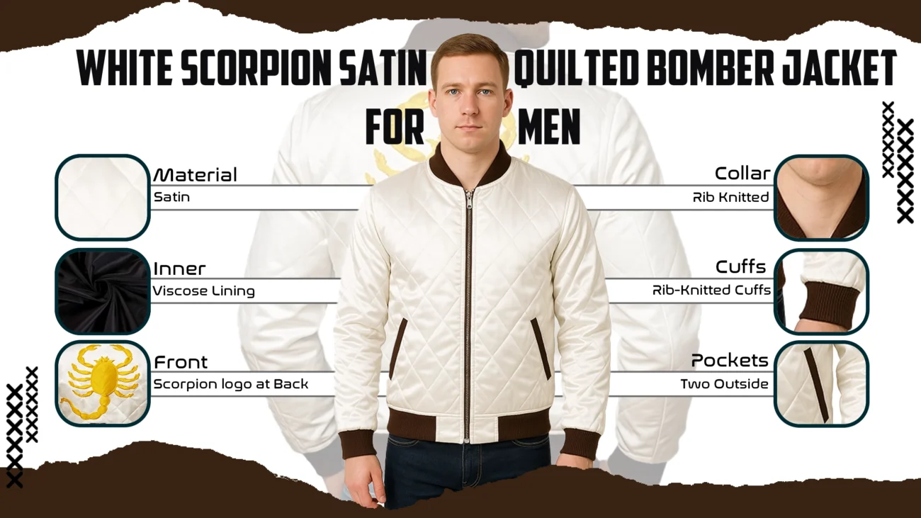 White Scorpion Satin Quilted Bomber Jacket For Men